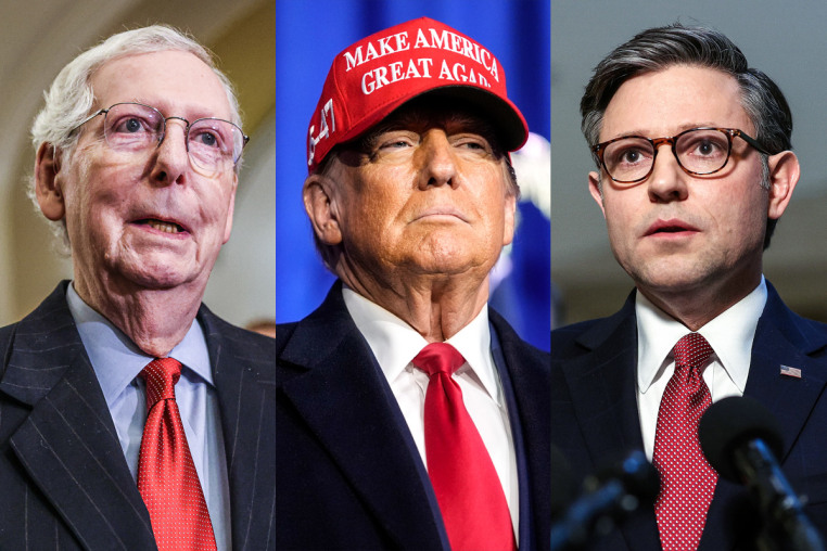Senate Minority Leader Mitch McConnell; Republican presidential candidate former President Donald Trump; Speaker of the House Mike Johnson.