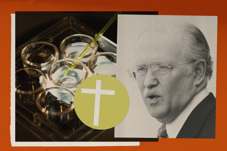 Photo illustration of embryos in petri dishes under a microscope, a paper cutout of a cross, and Alabama's Supreme Court Justice Tom Parker.