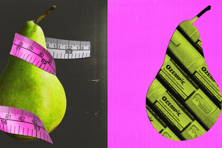Photo illustration of a pear with a measuring tape wrapped around it, next to a cutout of the pear showing Ozempic weight loss injectables.
