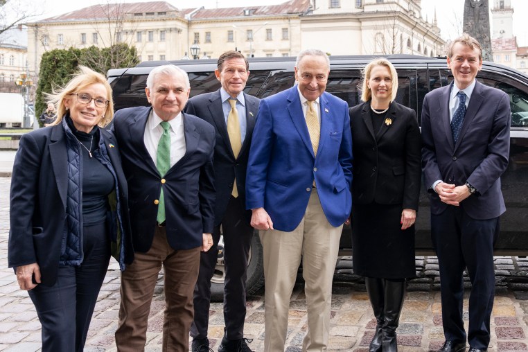 Senate majority leader Chuck Schumer leads a delegation in Kyiv, Ukraine on Feb. 23, 2024.
