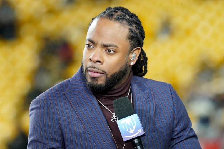 FILE - Host Richard Sherman appears on Amazon Prime’s “Thursday Night Football” before an NFL football game between the Pittsburgh Steelers and the New England Patriots, Dec. 7, 2023. 