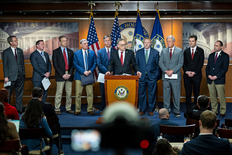 Representative Andy Biggs (R-AZ) speaks to media during a Freedom Caucus press conference  on Feb. 13, 2024.
