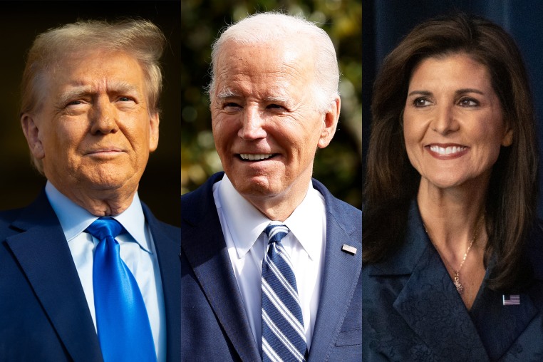 Side-by-side photos of Donald Trump, Joe Biden, and Nikki Haley