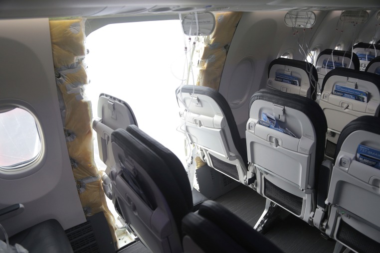 A section of Alaska Airlines Flight 1282 missing a panel in Portland, Ore., on Jan. 7, 2024. 