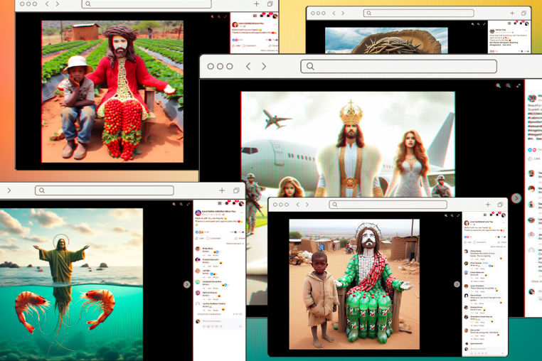 Photo Illustration: Internet browser windows displaying AI-generated art