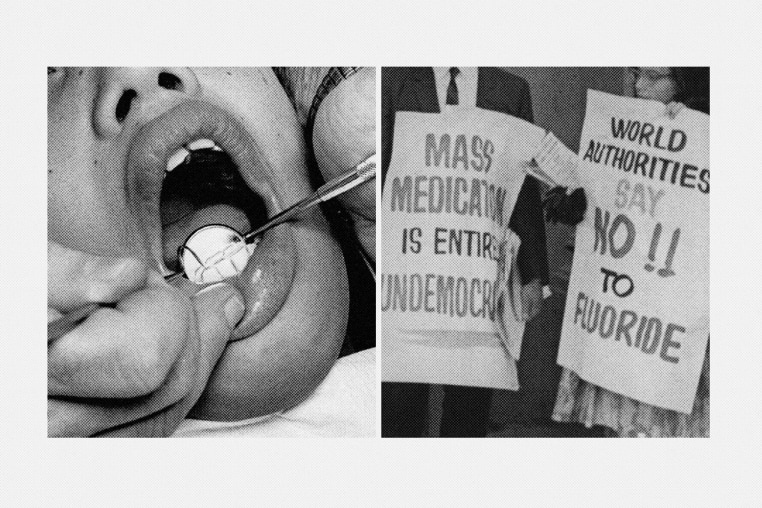 Photo Illustration: A child getting his teeth checked by a dentist and an archival image of anti-fluoride activists