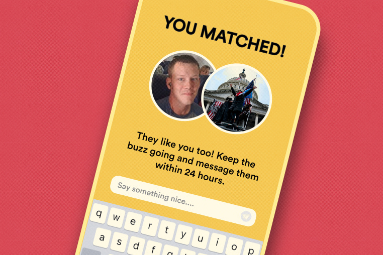 Photo Illustration: A Bumble screen showing Andrew Taake and a photo of Jan 6, 2021 matching