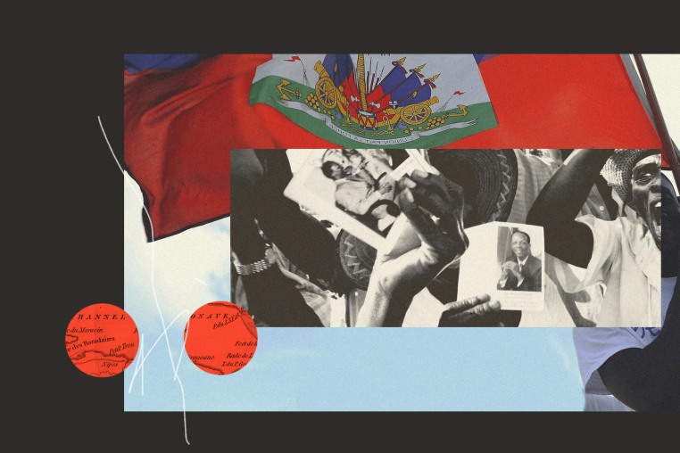 Collage with man waving Haitian flag