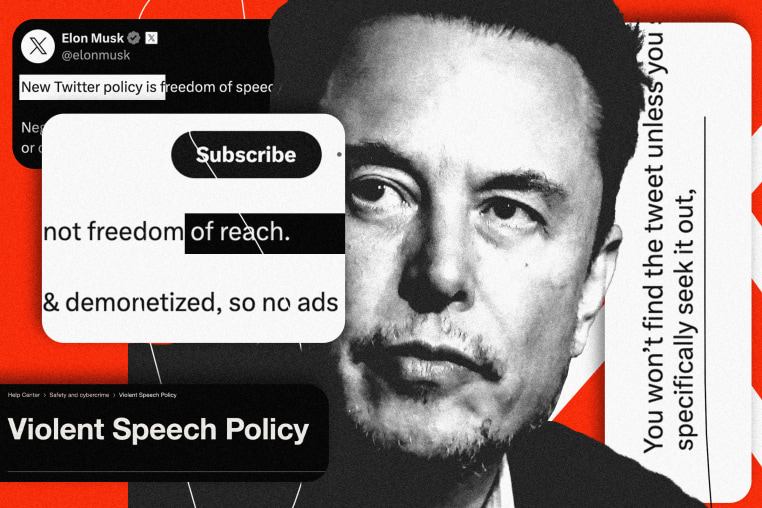 Photo illustration/collage of Elon Musk and various tweets detailing X's violent speech policy 