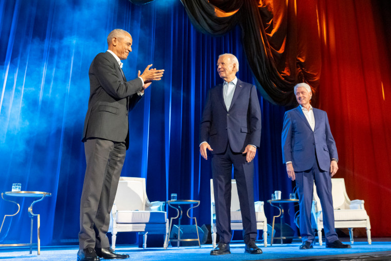 From left, Barack Obama,  Joe Biden, and Bill Clinton at a fundraising event at Radio City Music Hall, in New York