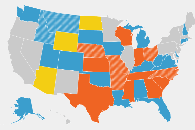 A U.S. map showing in which states voters will be asked to present an ID, and whether the state’'s law was enacted after the 2020 election. The majority of states that ask to see an ID when voting in person allow for alternatives if a voter does not have an ID.