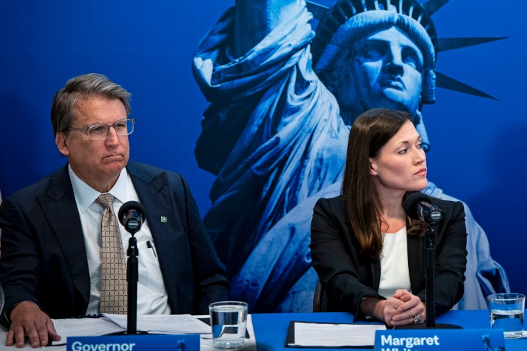 Leaders of "No Labels," from left, former North Carolina Gov. Pat McCory, Margaret White, co-executive director, and former U.S. Assistant Attorney Dan Webb at a news conference in Washington on Jan. 18, 2024.