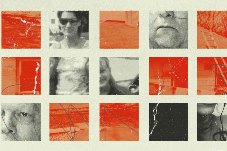 Squares with images of main characters and images of the burnt house