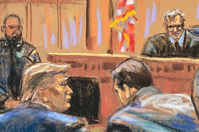 Courtroom sketch: Former President Donald Trump sits with his attorney Todd Blanch before Justice Juan M. Merchan in New York on April 15, 2024.