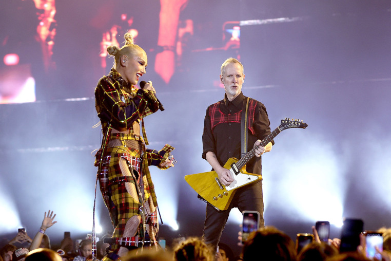 Gwen Stefani and Tom Dumont of No Doubt perform at Coachella  on April 13, 2024 in Indio, Calif.