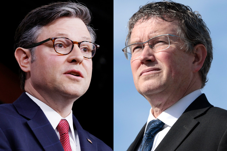 Side by side of Mike Johnson and Thomas Massie