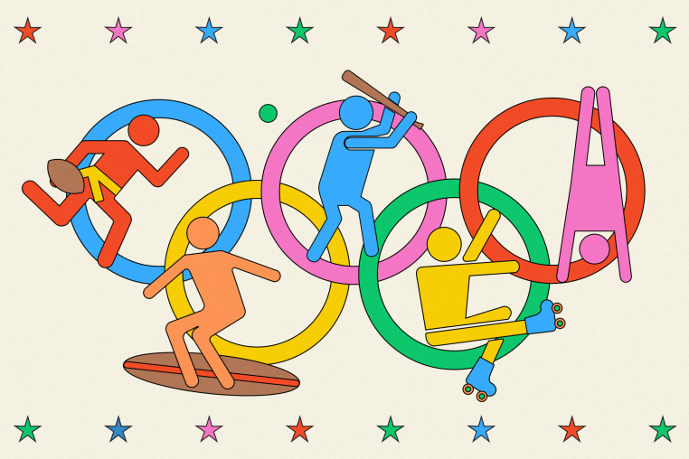 Illustration of figures playing various sports within Olympic rings 