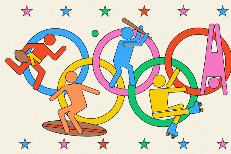 Illustration of figures playing various sports within Olympic rings 