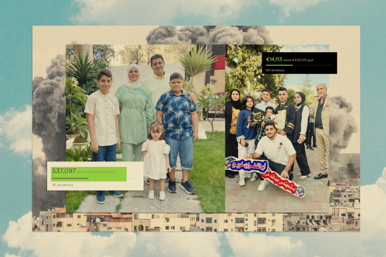 Photo collage of families in Gaza, a bombing in the Gaza Strip in 2023, and a blue sky and clouds.