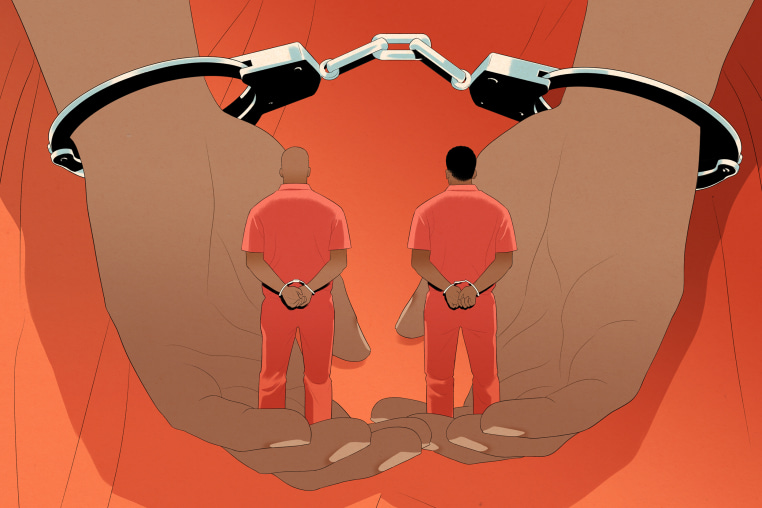 Drawn illustration of a man in handcuffs holding two other men in prison jumpsuits and handcuffs.