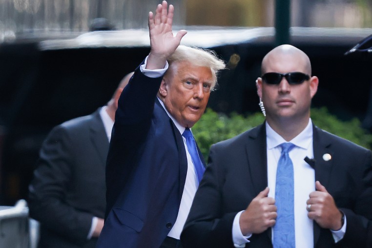 Former president Donald Trump leaves Trump Tower on his way to Manhattan criminal court, Monday, April 22, 2024, in New York. 