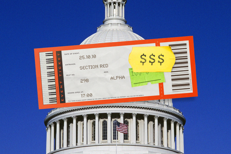 Photo illustration of the Capitol in Washington and a concert ticket with price stickers on it