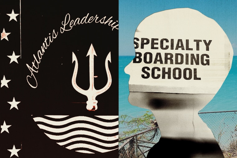 Photo collage of a sign at Atlantis Leadership Academy in Jamaica; the silhouette cutout of a boy on a photo of a tropical beach. 
