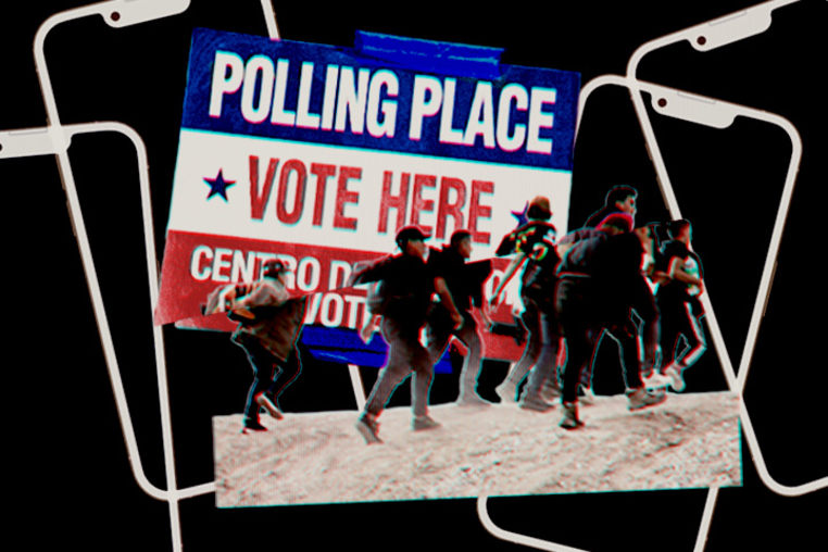 Photo Illustration: A group of migrants at the U.S. border, a sign that says "Polling Place Vote Here" and several iphone screens