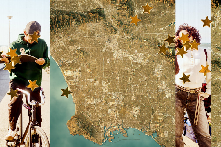 Photo Illustration: Asian American friends on a California beach, and an aerial image of the Southern California coast