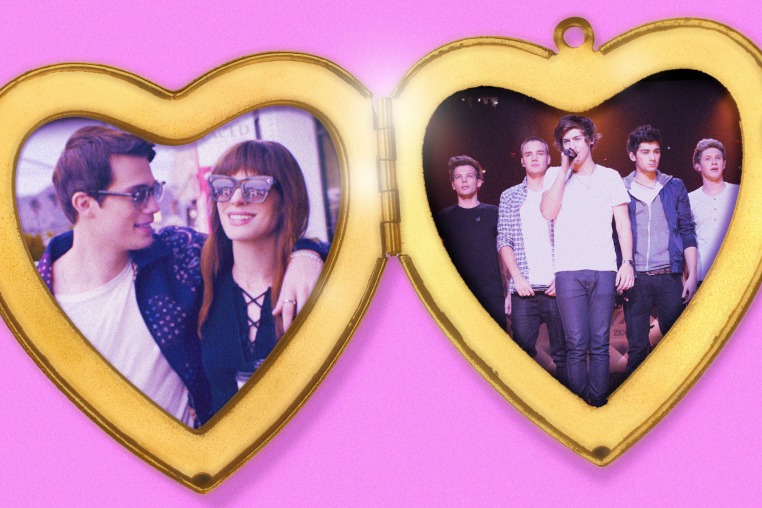A gold heart-shaped locket with a photo of Anne Hathaway and Nick Galitzine in "Idea of You," and a photo of the members of One Direction.