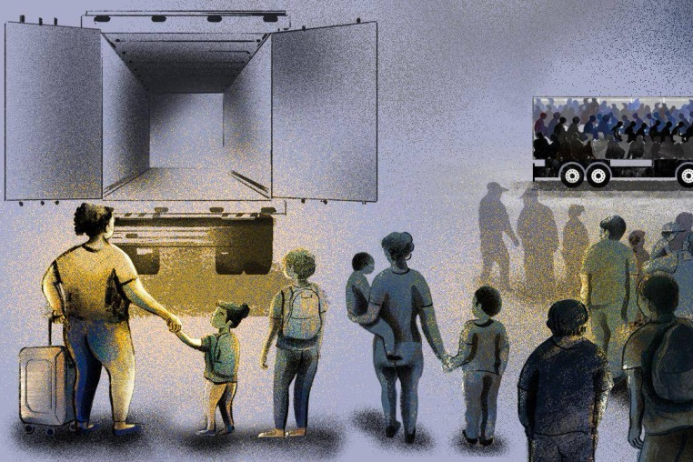 illustration of people standing outside a truck, as well as packed inside a truck