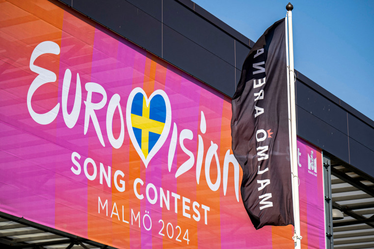 An Eurovision banner hangs outside Malmo Arena