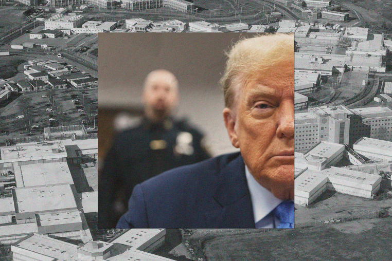 Donald Trump sits inside court at his hush money trial in New York, while a court officer peers over his shoulder; the background is an aerial view of Rikers Island Jail in New York.