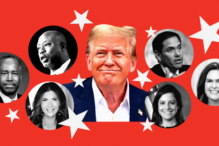 Photo collage of Donald Trump and potential VP candidates: Marc Rubio, Sara Huckabee Sanders, Elise Stefanik, Kristi Noem, Ben Carson, and Tim Scott