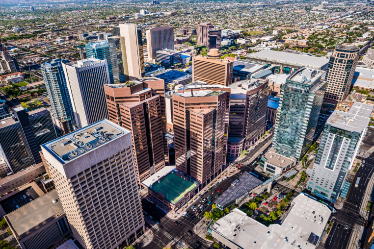 Phoenix Arizona, looming aerial view of downtown cityscape skyline skyscrapers