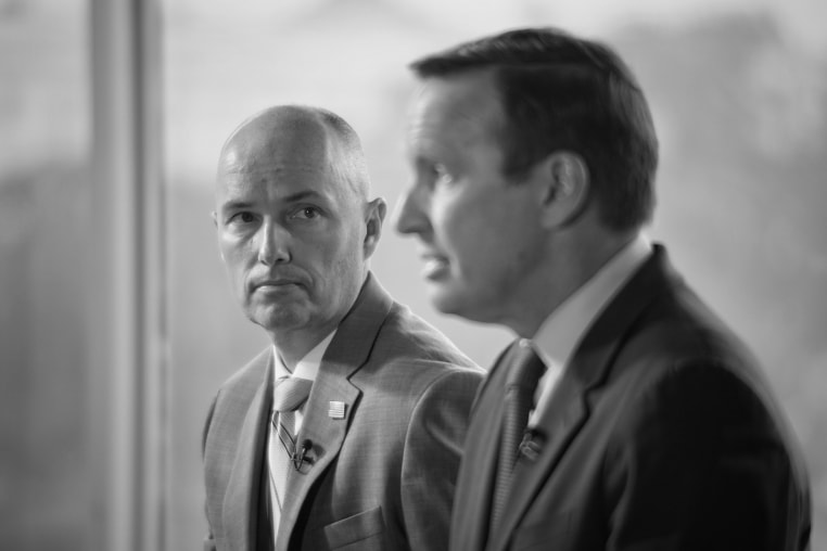 Utah Governor Spencer Cox and Senator Chris Murphy, D-Conn., speak during an interview with Julie Tsirkin in Washington, DC on Thursday, May 9, 2024. The two are working on solutions to address loneliness in the United States.