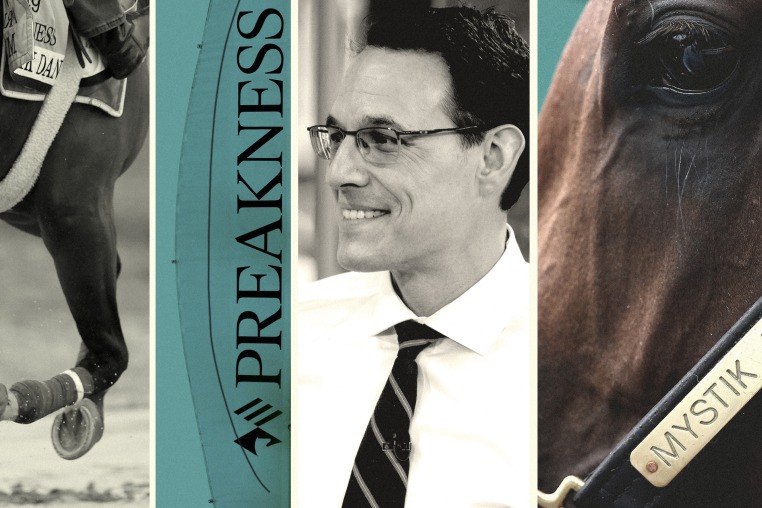 Photo illustration of horse named "Mystik Dan," Steve Kornacki, and Preakness sign 