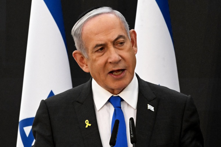 Israeli Prime Minister Benjamin Netanyahu delivers a speech in Jerusalem on the eve of Memorial Day to commemorate fallen soldiers on May 12, 2024.