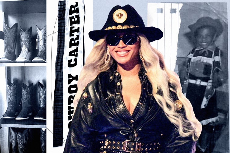 Photo collage of cowboy boots, "Cowboy Carter" banner, Beyoncé, and a child dressed up in a cowboy outfit 