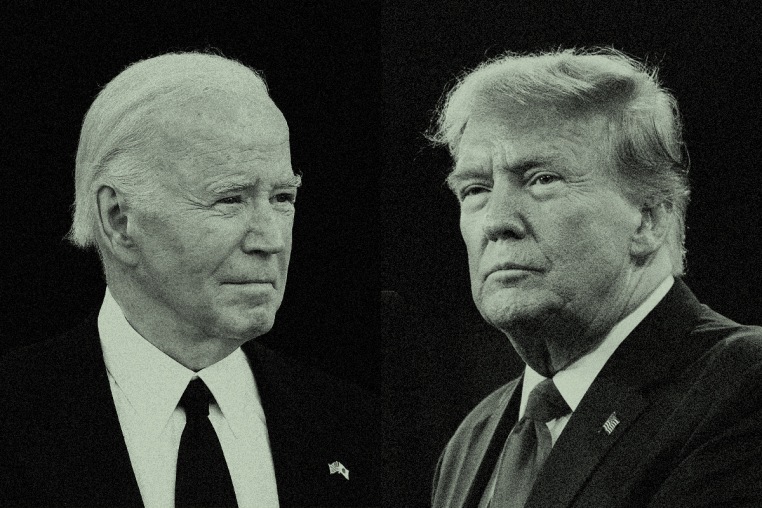Black and white side by side of Joe Biden and Donald Trump with a green overlay