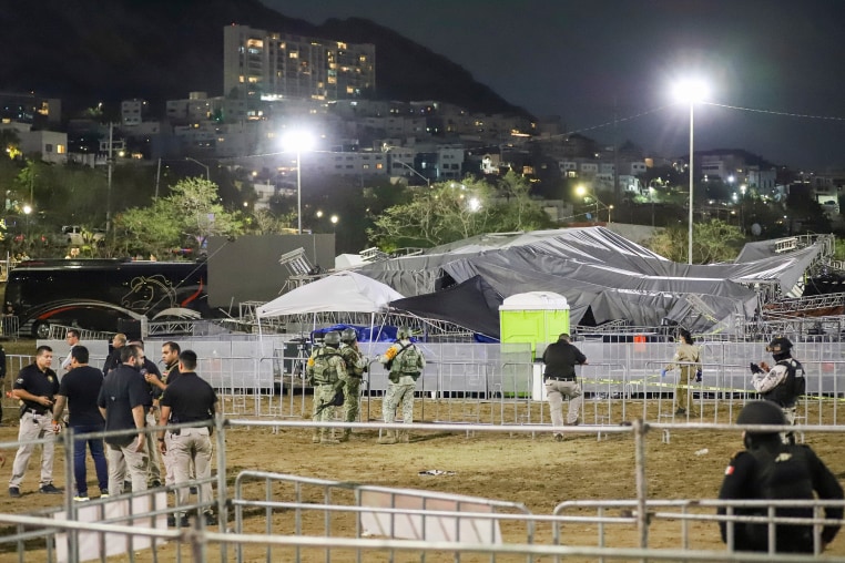 Security forces stand around a stage that collapsed due to a gust of wind during an event attended by presidential candidate Jorge Álvarez Máynez in San Pedro Garza García, on the outskirts of Monterey, Mexico.