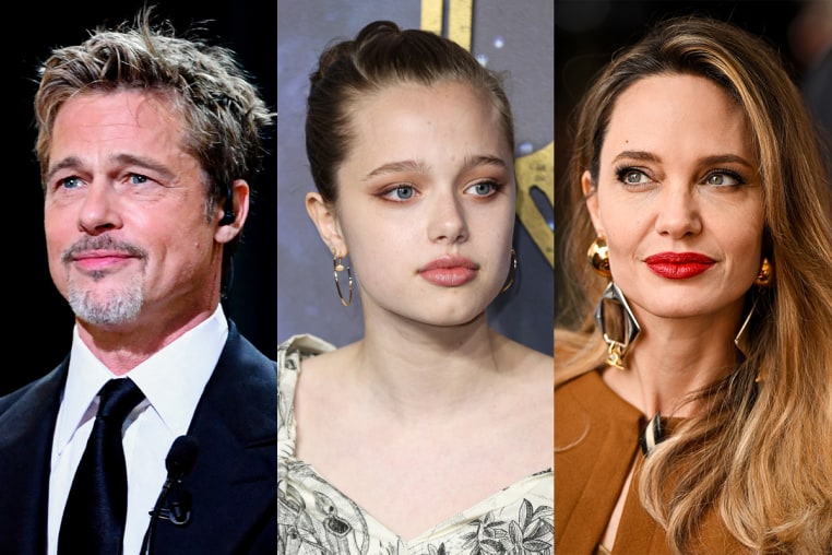 A split composite of Brad Pitt, Shiloh Nouvel Jolie-Pitt and Angelina Jolie.