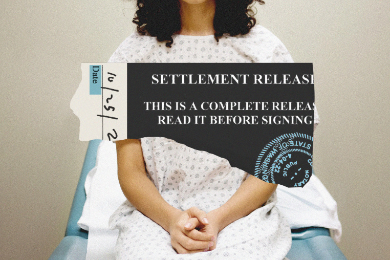 Photo illustration of hospital patient with "Settlement Release" text overlaying the image 