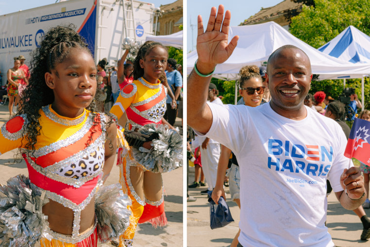 A triptych photo of dancers during a parade, Cavalier Johnson waving, and Zakia Wells painting a mural.