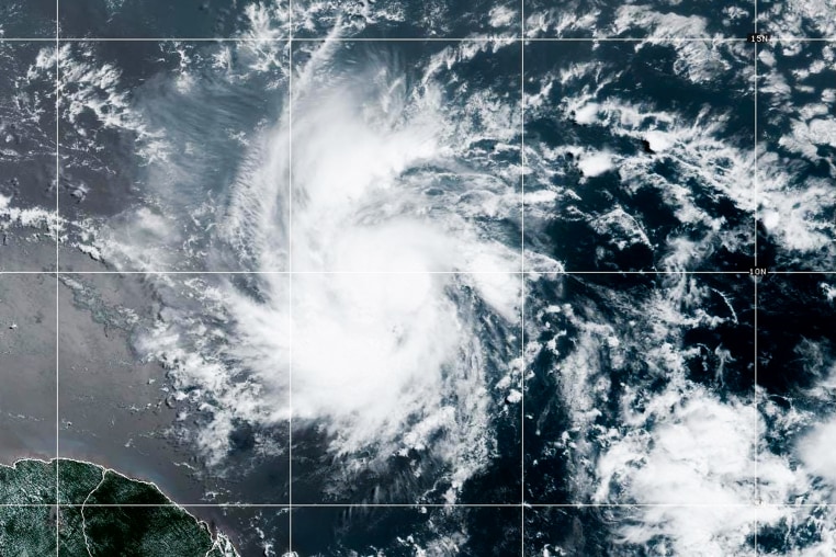 A strengthening Tropical Storm Beryl on NOAA satellite on Saturday morning.