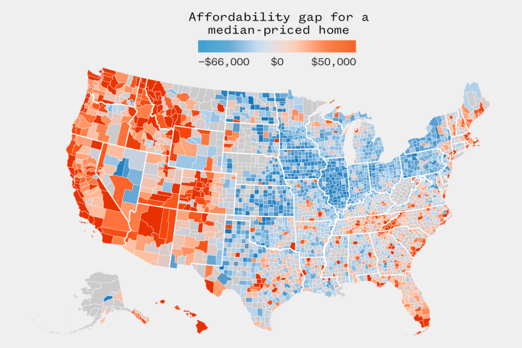 A county map of the U.S., colored according to how much difference there is between the counties’ median household incomes and their median-priced homes. In the West, Florida and much of Tennessee, there’s a great difference in affordability — most of those counties are unaffordable. The Midwest is the most consistently affordable, along with Pennsylvania.