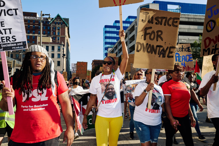 Coalition to March on the Republican National Convention leads a protest for D’Vontaye Mitchell and Sam Sharpe Jr., killed by police, in Milwaukee, Wis., on July 18, 2024. 
