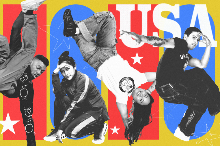 Photo collage of Olympic breakers: Jeffrey "B-boy Jeffro" Louis, Logan Edra, Sunny Choi, and Victor “B-boy Victor” Montalvo