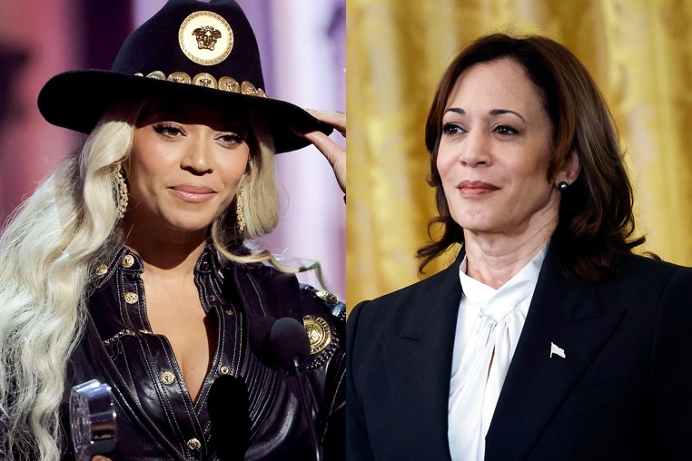 A side by side split of Beyoncé and Kamala Harris