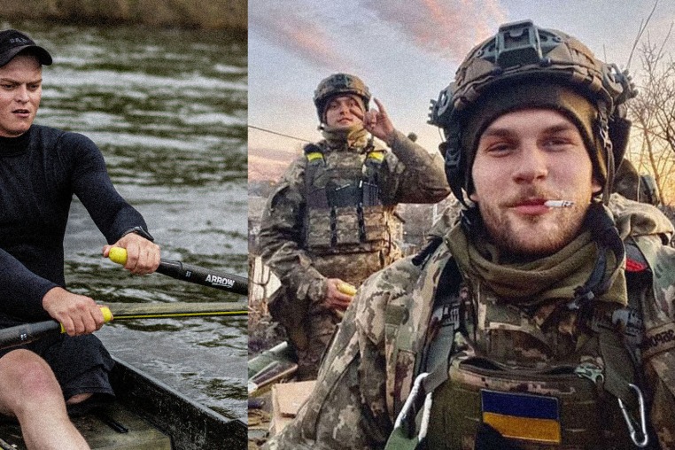 Ukrainian rower Volodymyr Dziubynskyi on the Dnieper river in 2024, and during service with his comrade Volodymyr Androshchuk.